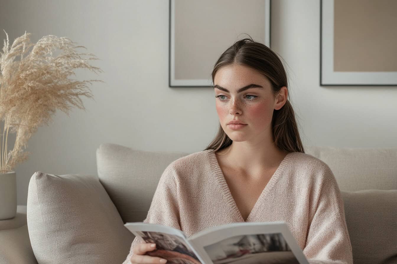 Frau liest entspannt ein Magazin auf Sofa