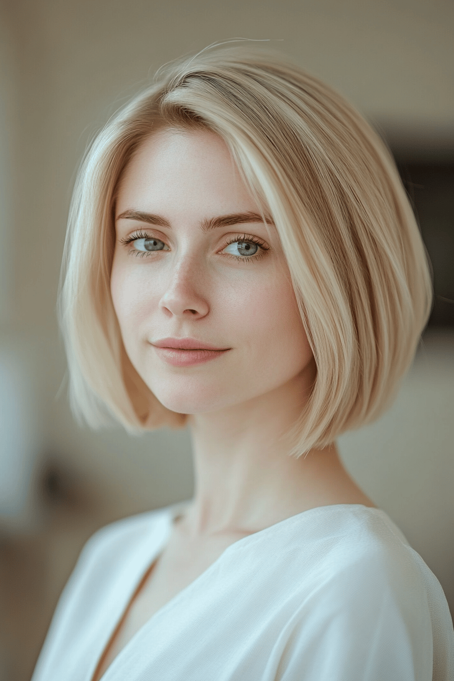 Frau mit elegantem, blondem A-Linien Bob-Haarschnitt.