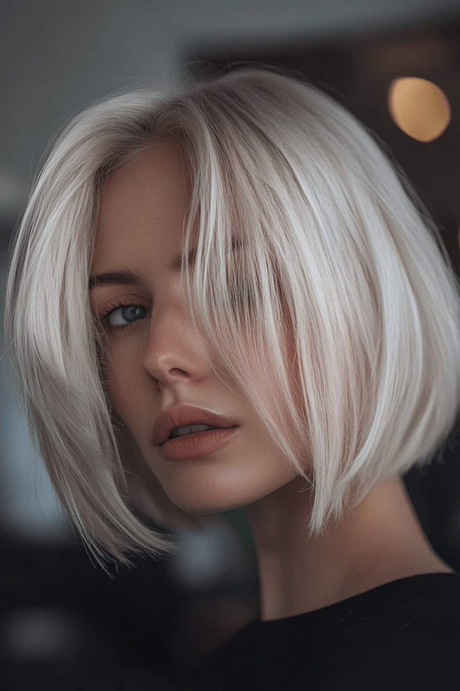 Nahaufnahme einer Frau mit asymmetrischem, blondem Bob.