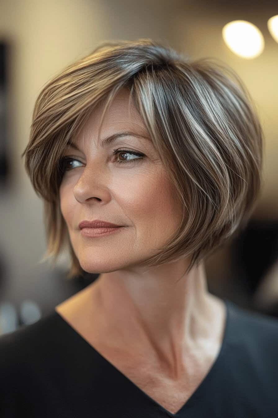 Frau mit einem asymmetrischen Bob-Haarschnitt, der sanft gestuft ist.