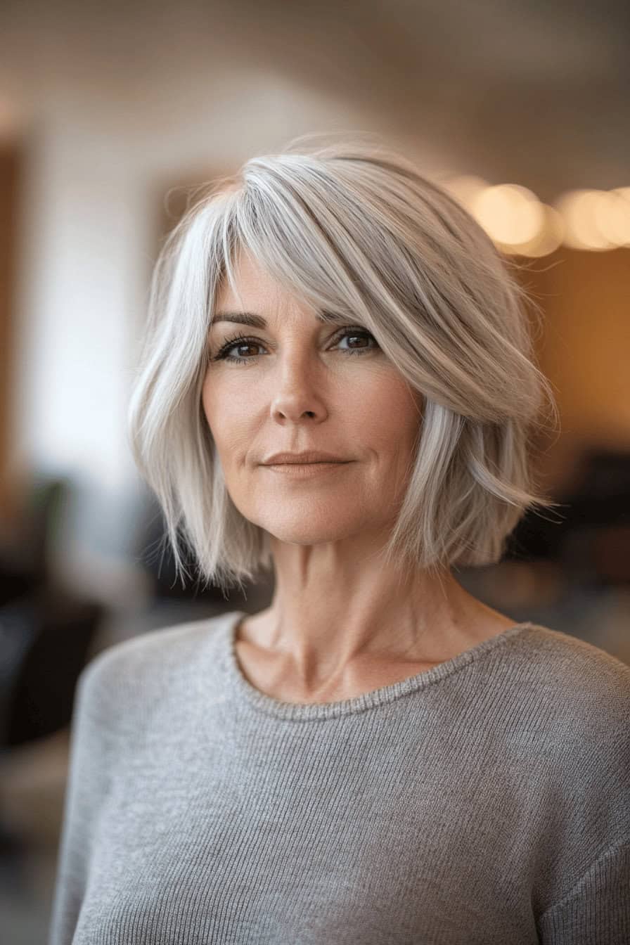 Frau mit asymmetrischem Bob und silbernem Haar.