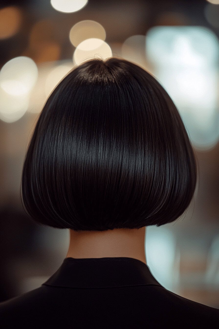 Hinteransicht einer glatten, asymmetrischen Bob-Frisur.