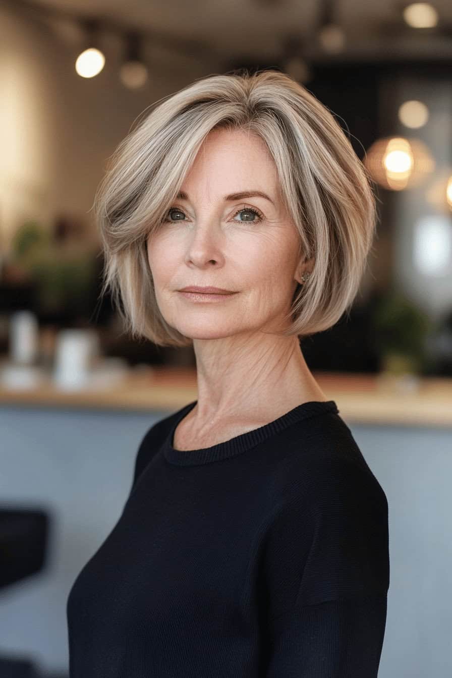 Ältere Frau mit asymmetrischem Bob, die in die Kamera schaut.