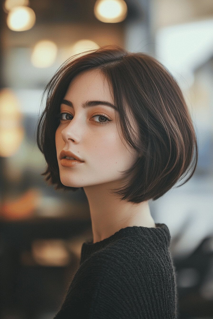 Frau mit kinnlangem, asymmetrischen Bob in modernem Stil.