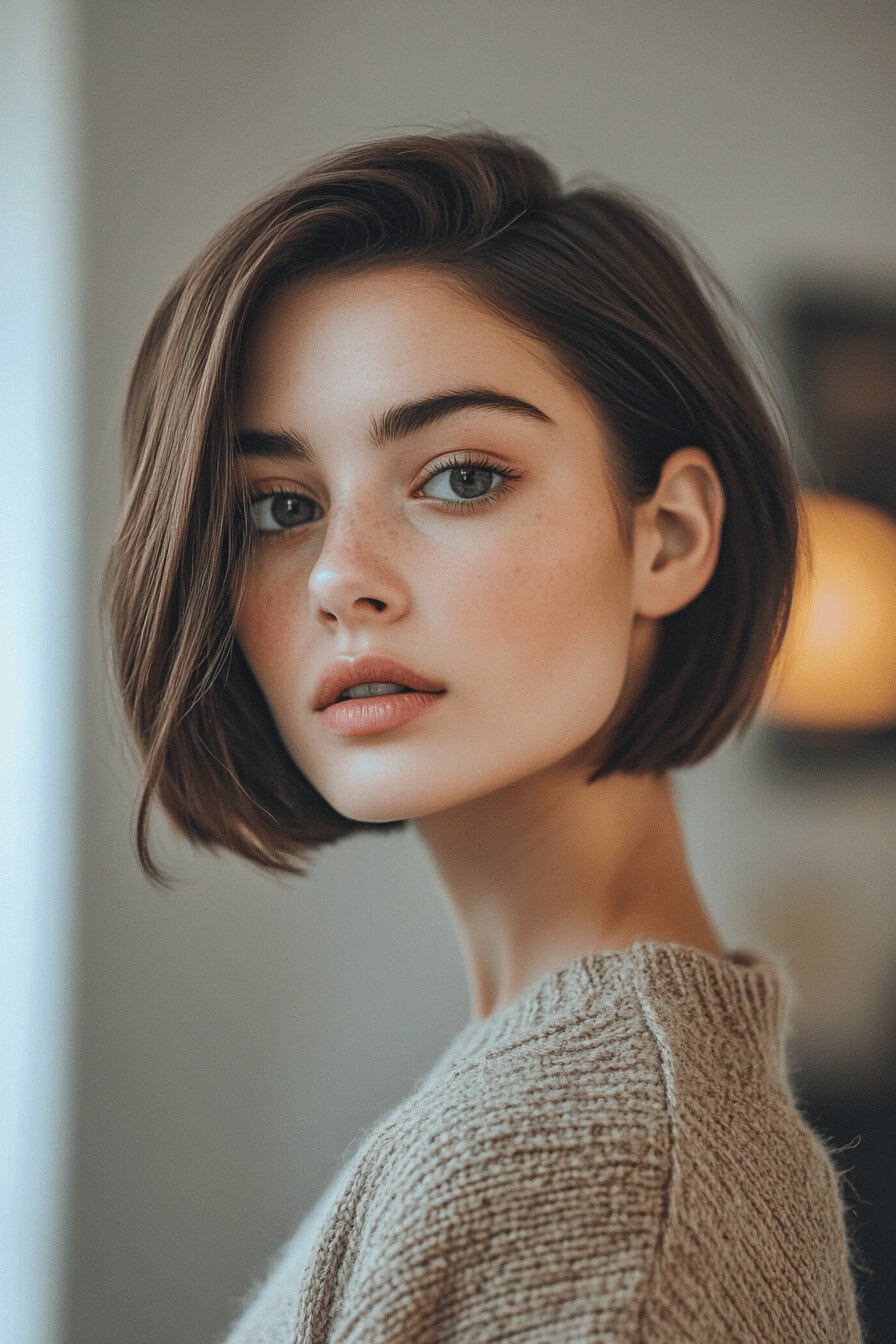 Frau mit asymmetrischem Bob in einem hellen Raum.