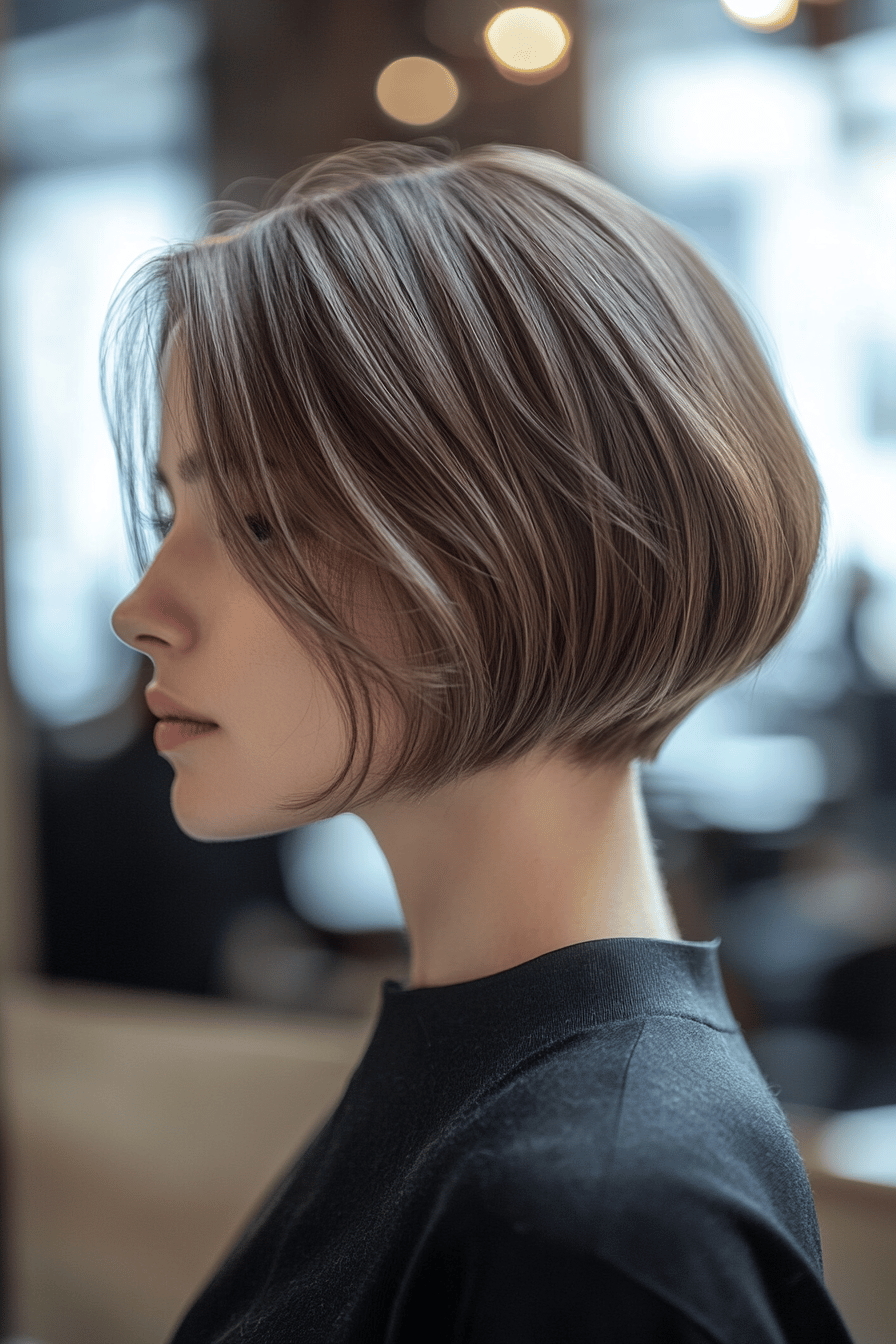 Profilansicht einer Frau mit einem eleganten, asymmetrischen Bob und kurzem Nacken im Friseursalon.