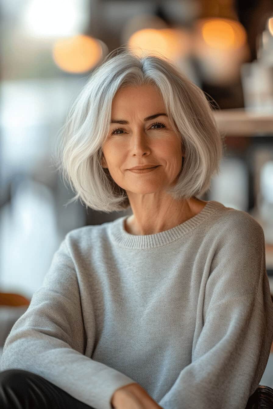 Eine Frau mit einem asymmetrischen Bob und grauem Pullover lächelt in die Kamera.