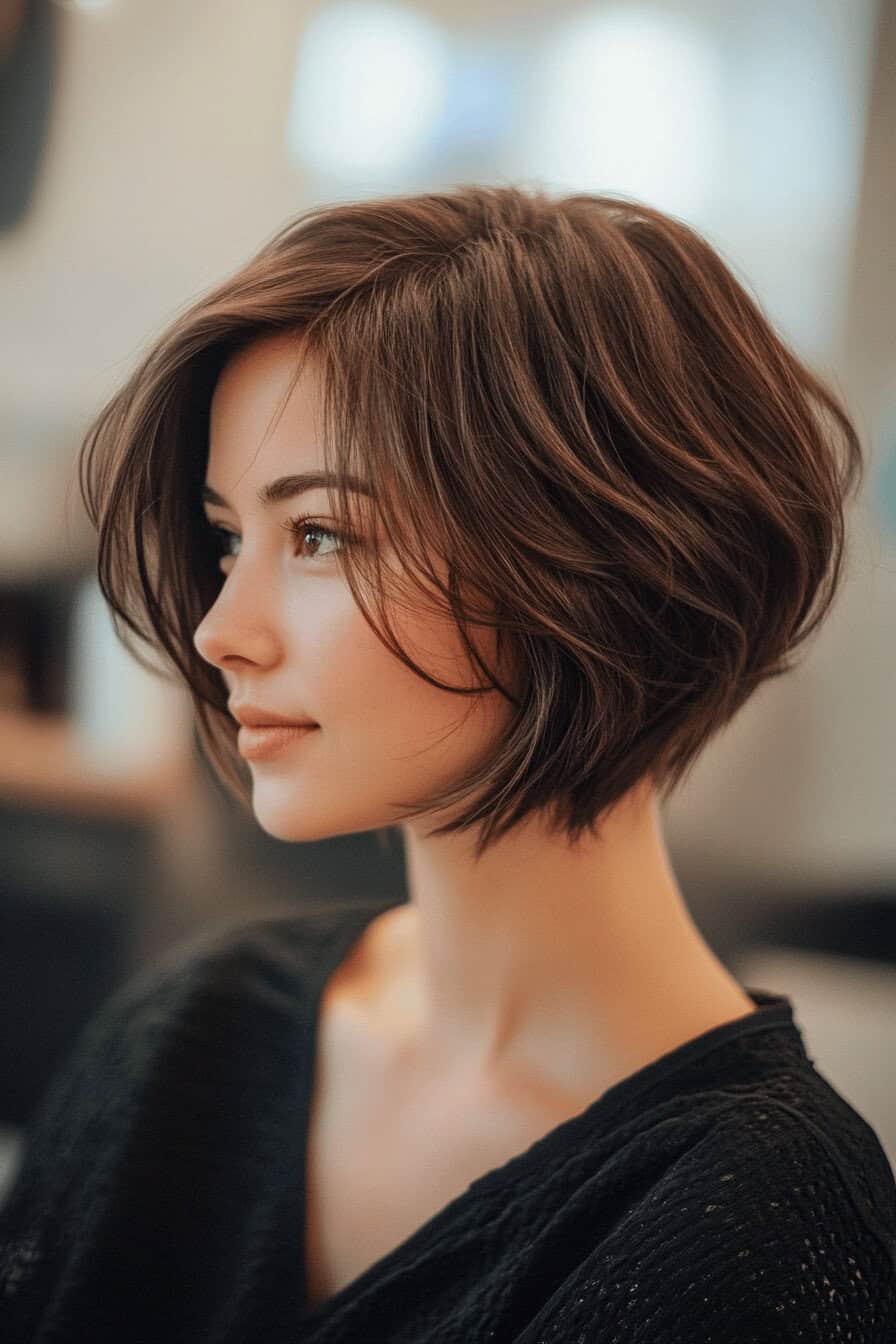 Frau mit einem asymmetrischen mittellangen Bob und Seitenscheitel.