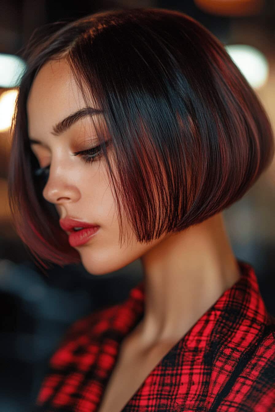 Seitlicher Blick auf eine Frau mit einem weinrot schimmernden asymmetrischen Bob-Schnitt.