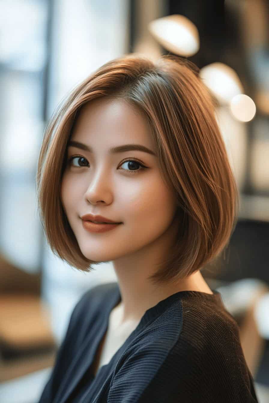 Junge Frau mit einem Balayage Bob, der perfekt für dünnes Haar ist.