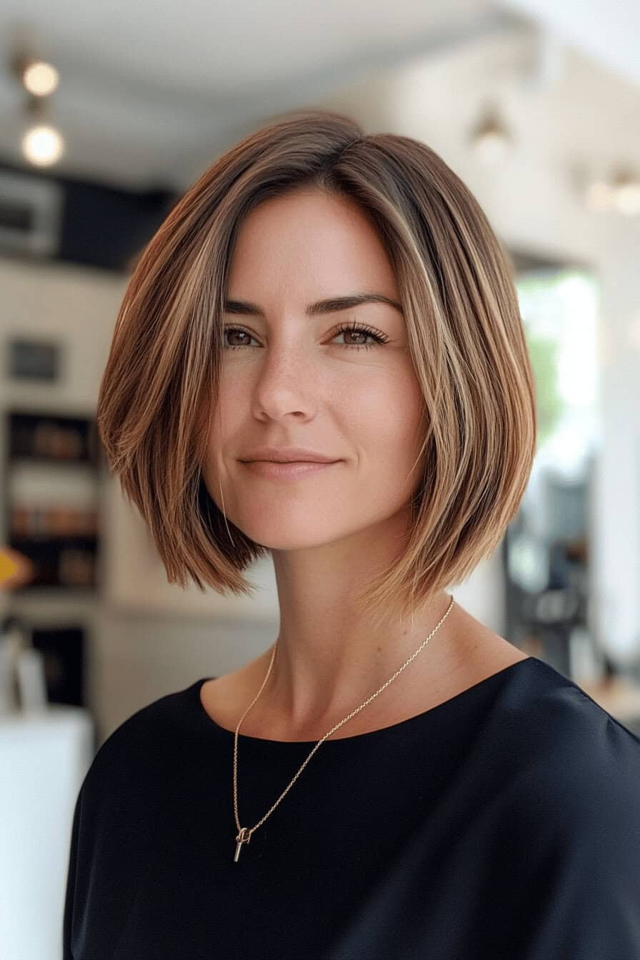 Frau mit Balayage Bob Frisur, die sanft lächelt