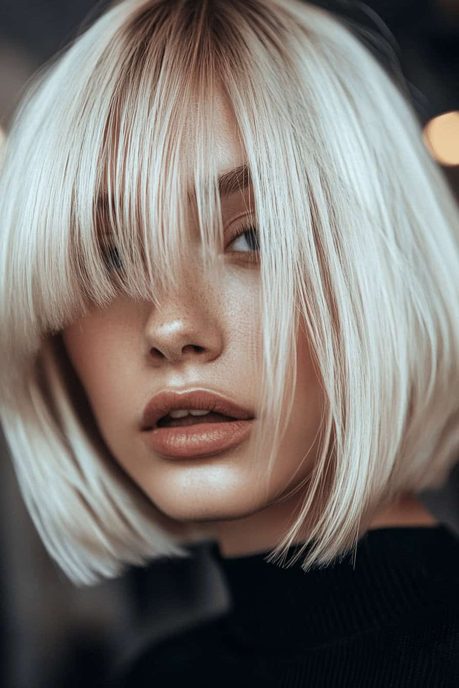 Nahaufnahme einer blonden Person mit einem Bob und langen Fransen.