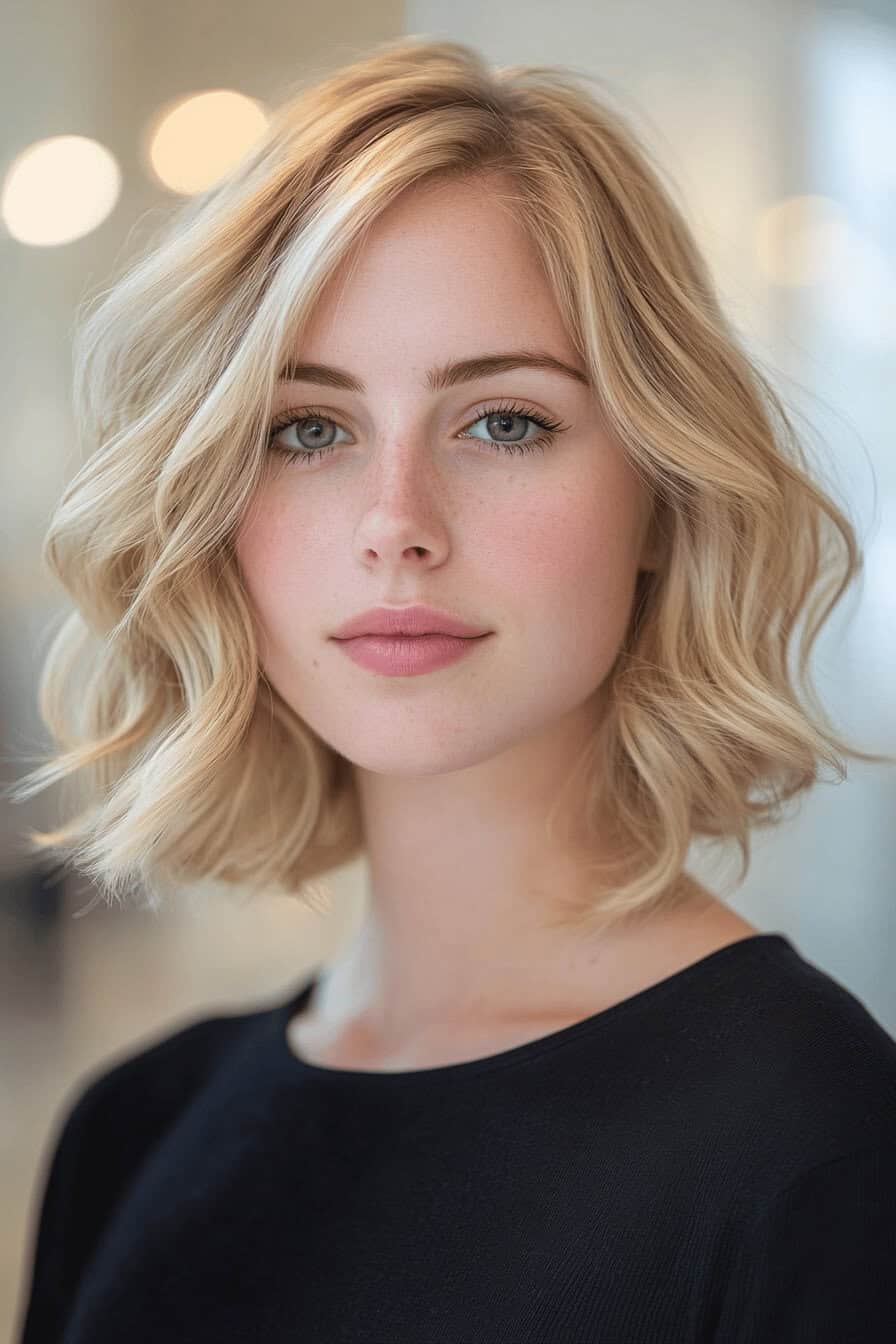 Eine Person mit einem blonden, gewellten Bob-Haarschnitt.