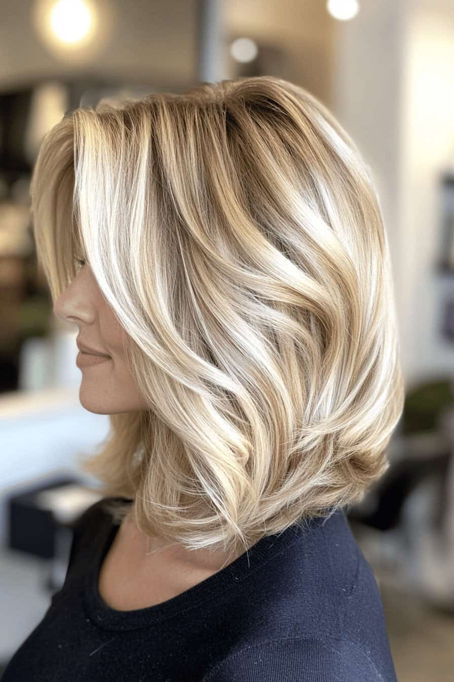 Eine blonde Frau mit einem voluminösen, gestuften Bob-Haarschnitt.