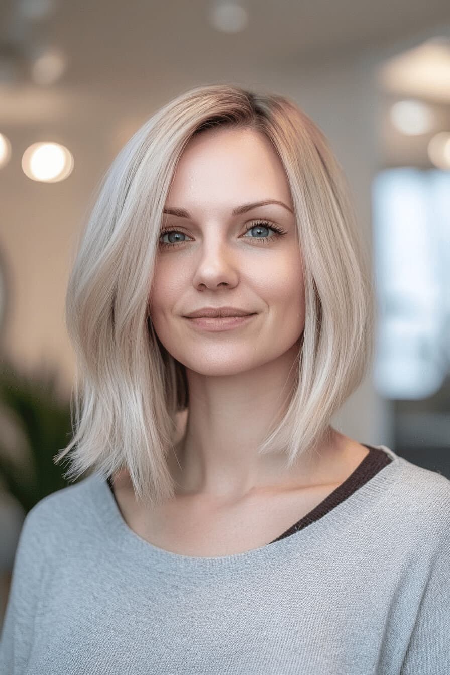 Frau mit blondem Bob und dunkler Unterlage in modernem Umfeld.