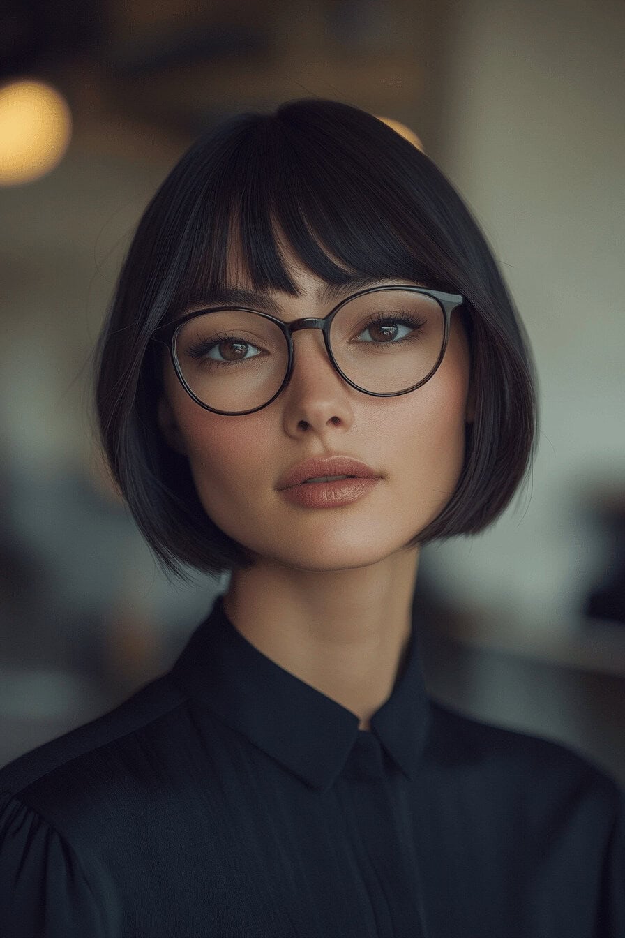 Frau mit dunklem, glattem Bob und Brille in einem eleganten Ambiente.