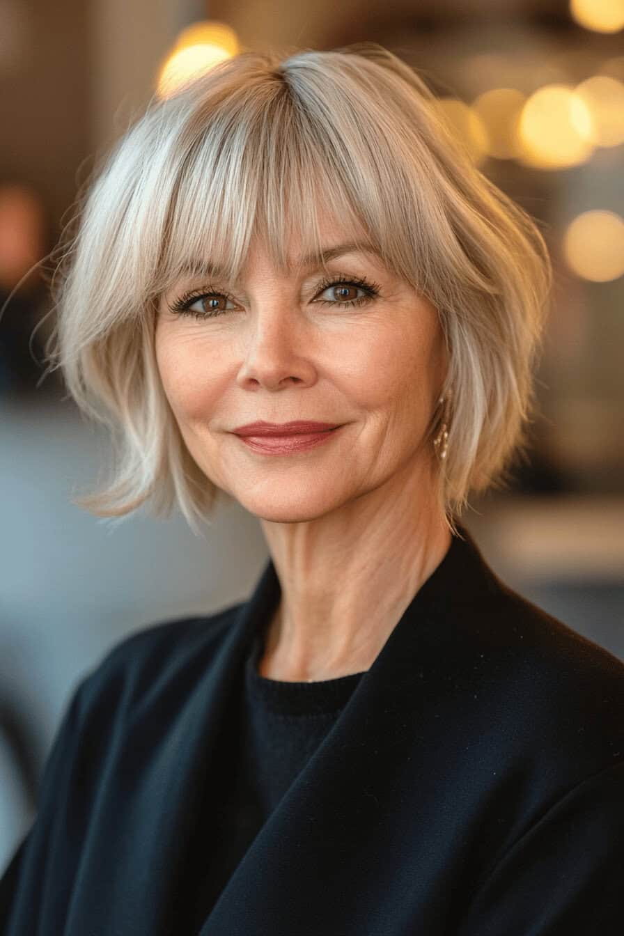 Frau mit stilvollem, gestuftem Bob und Fransen.