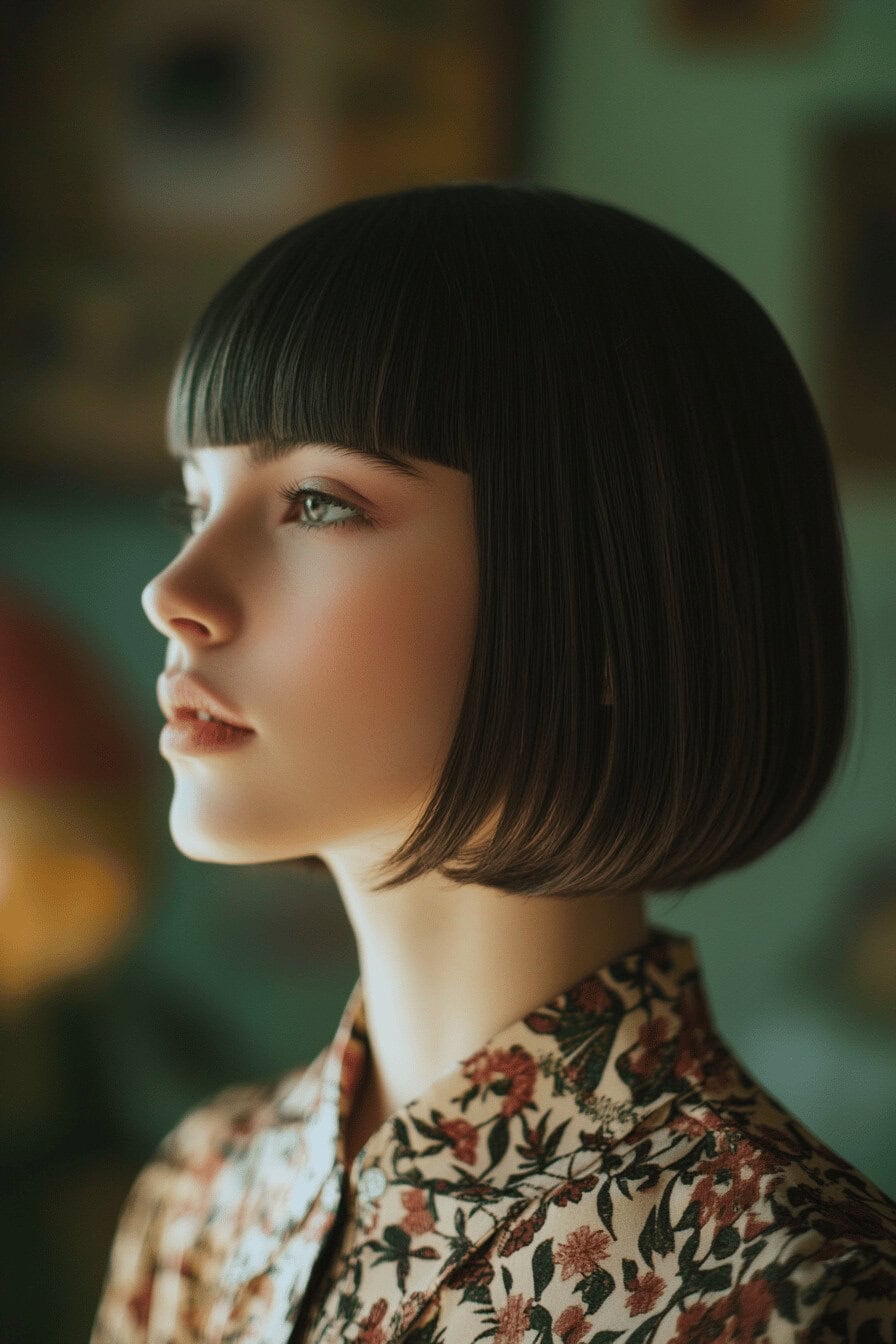 Seitliches Profil einer Frau mit glattem Bob und floralem Oberteil.