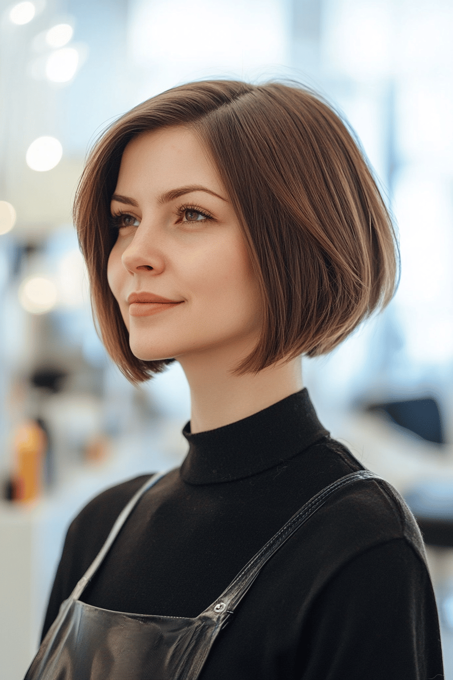 Moderne Bob-Frisur mit kurzem Nacken in einem Friseursalon.