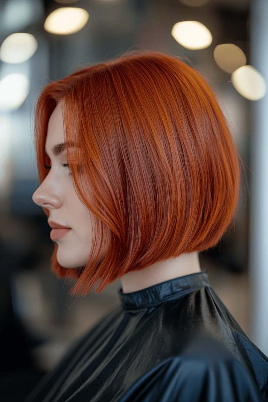 Frau mit kinnlangem, kräftig rotem Bob.