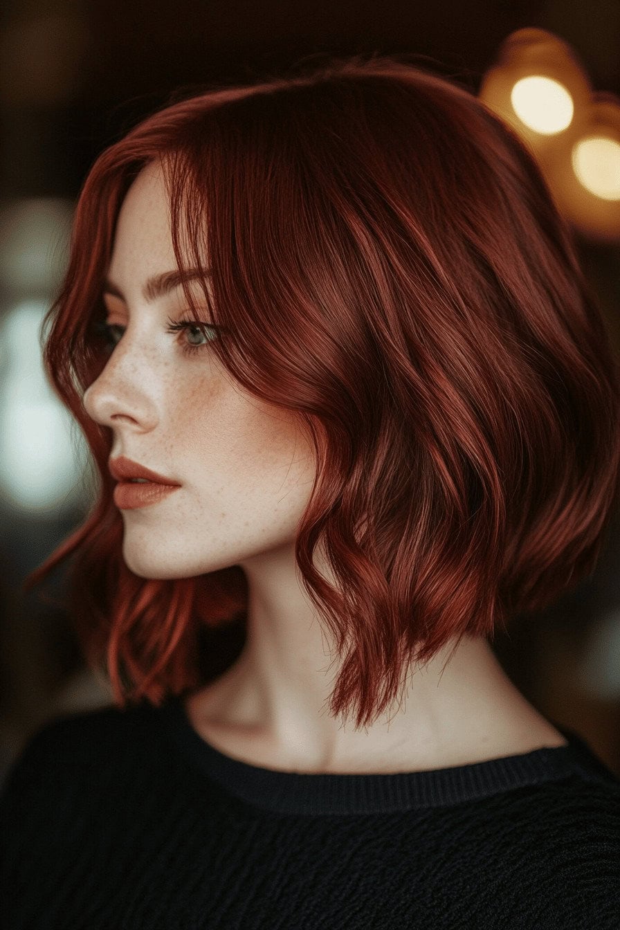 Frau mit gewelltem Bob in tiefem Bordeaux-Rot.