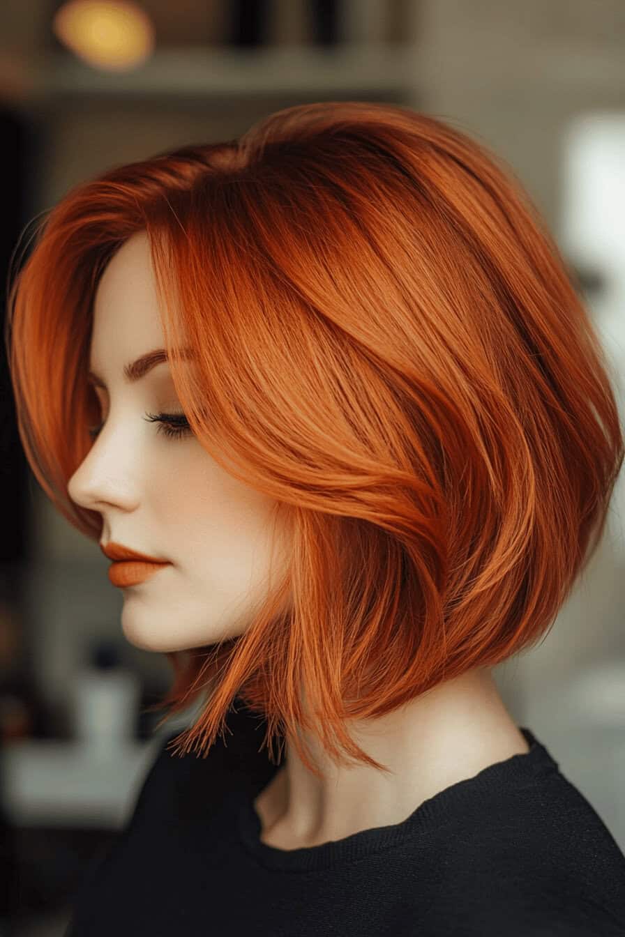 Frau mit stufigem Bob in kräftigem Rot.