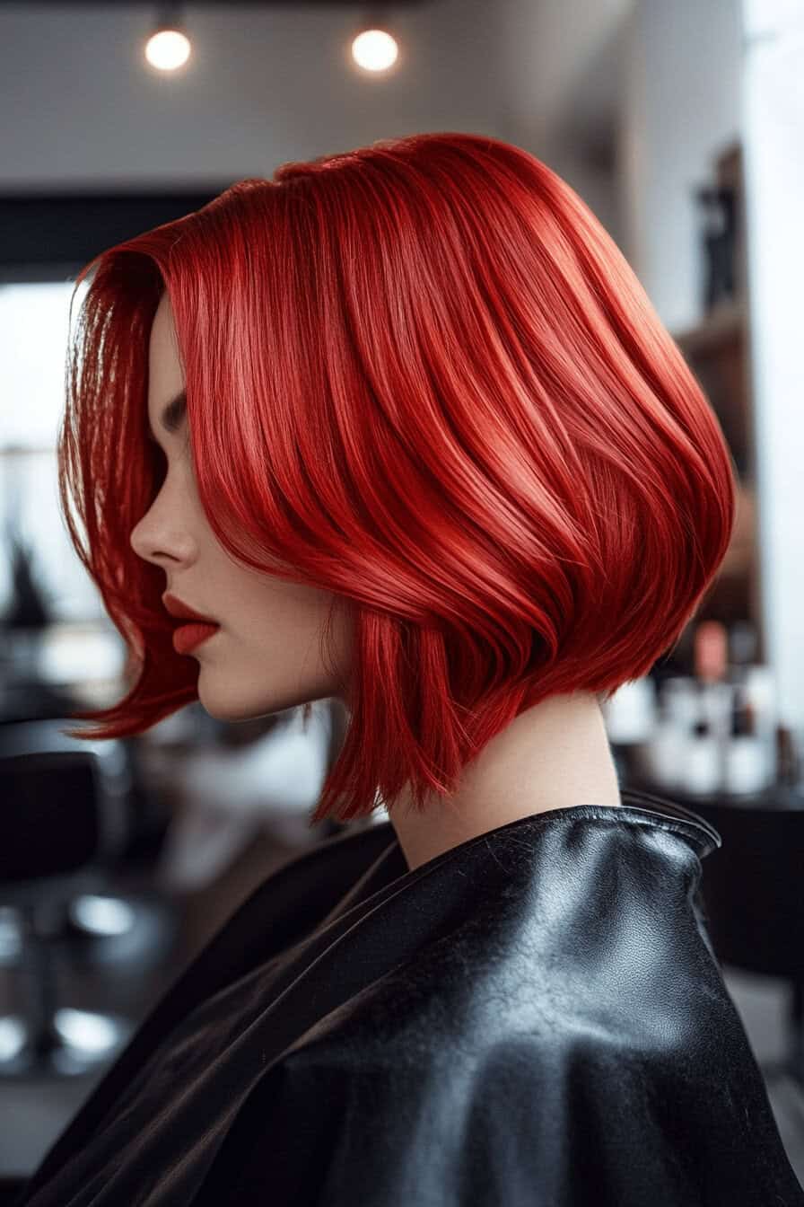 Frau mit stilvoller, zinnoberroter Bob-Frisur in einem Salon.