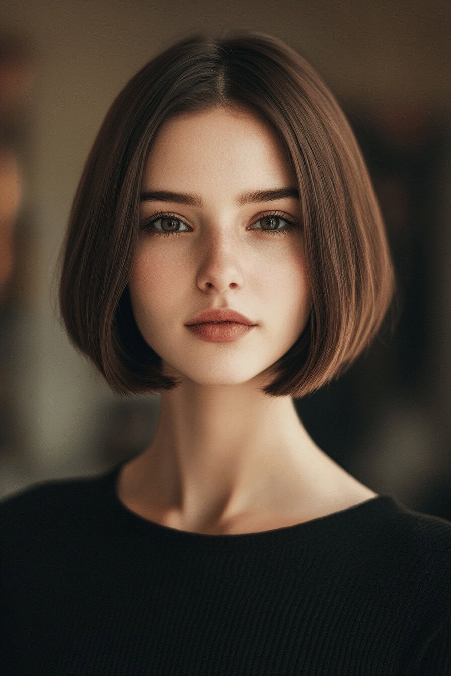 Frau mit kurzer Bob-Frisur und rundem Gesicht