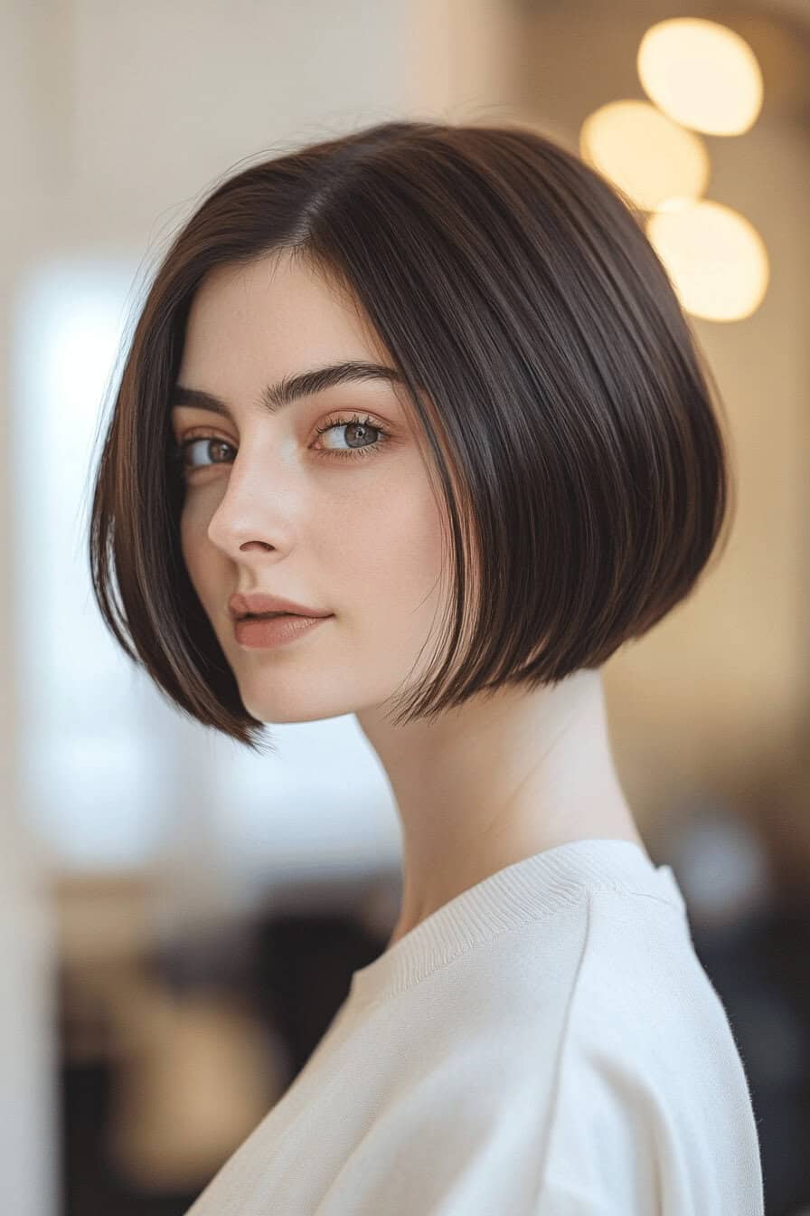 Frau mit einem stilvollen Bob und Seitenscheitel.