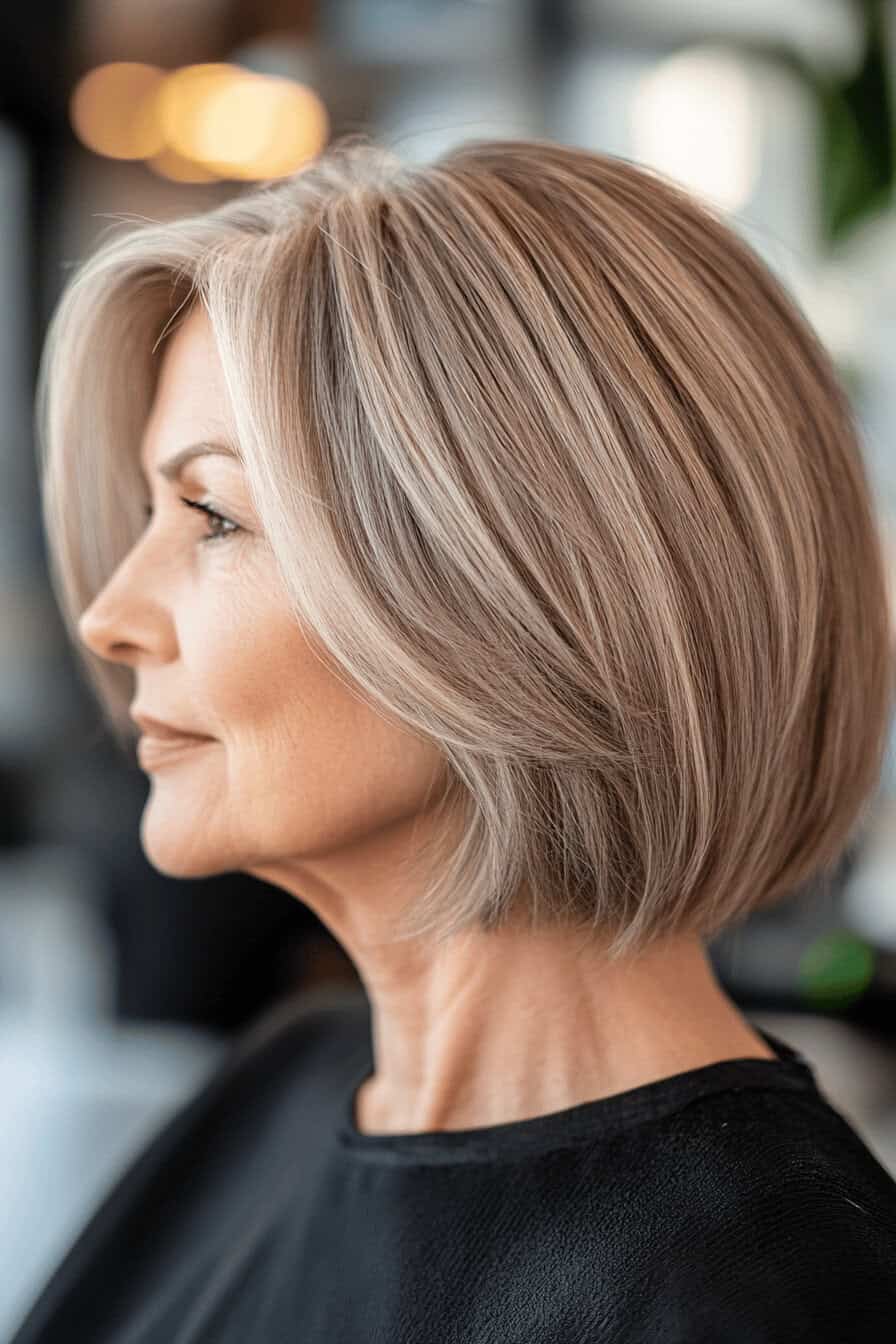 Seitliche Ansicht eines stilvollen, gestuften Bob-Haarschnitts einer älteren Dame mit hellbraunen Akzenten.