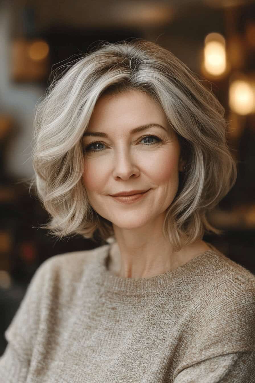 Frau mit gestufter Bob-Frisur und sanften Wellen.