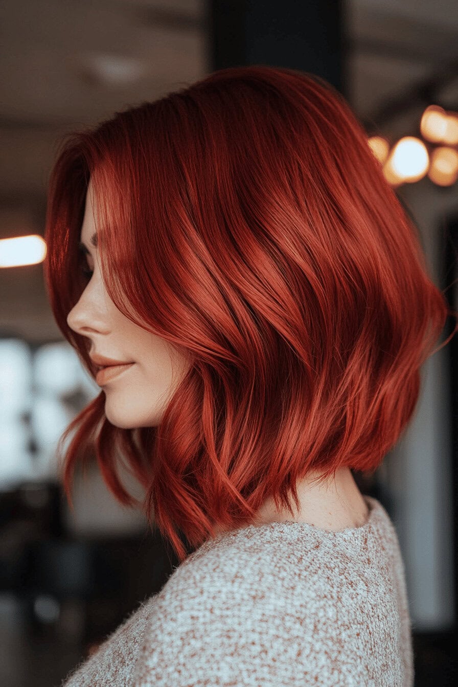 Frau mit Boho-Bob in sattem Rot, seitlich fotografiert.