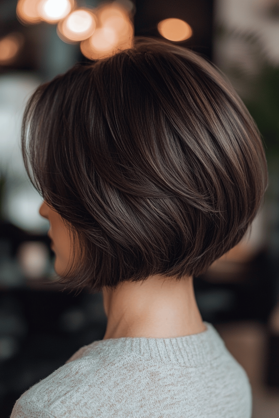 Rückansicht einer Person mit einem Bob-Haarschnitt und kurzen Stufen im Nacken.