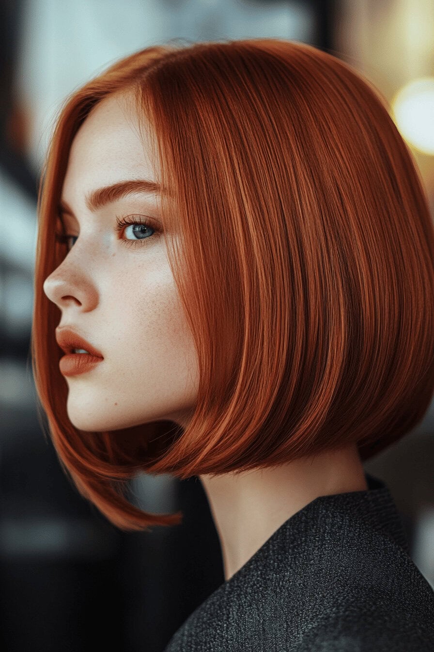 Porträt einer Frau mit glattem kupferrotem Bob