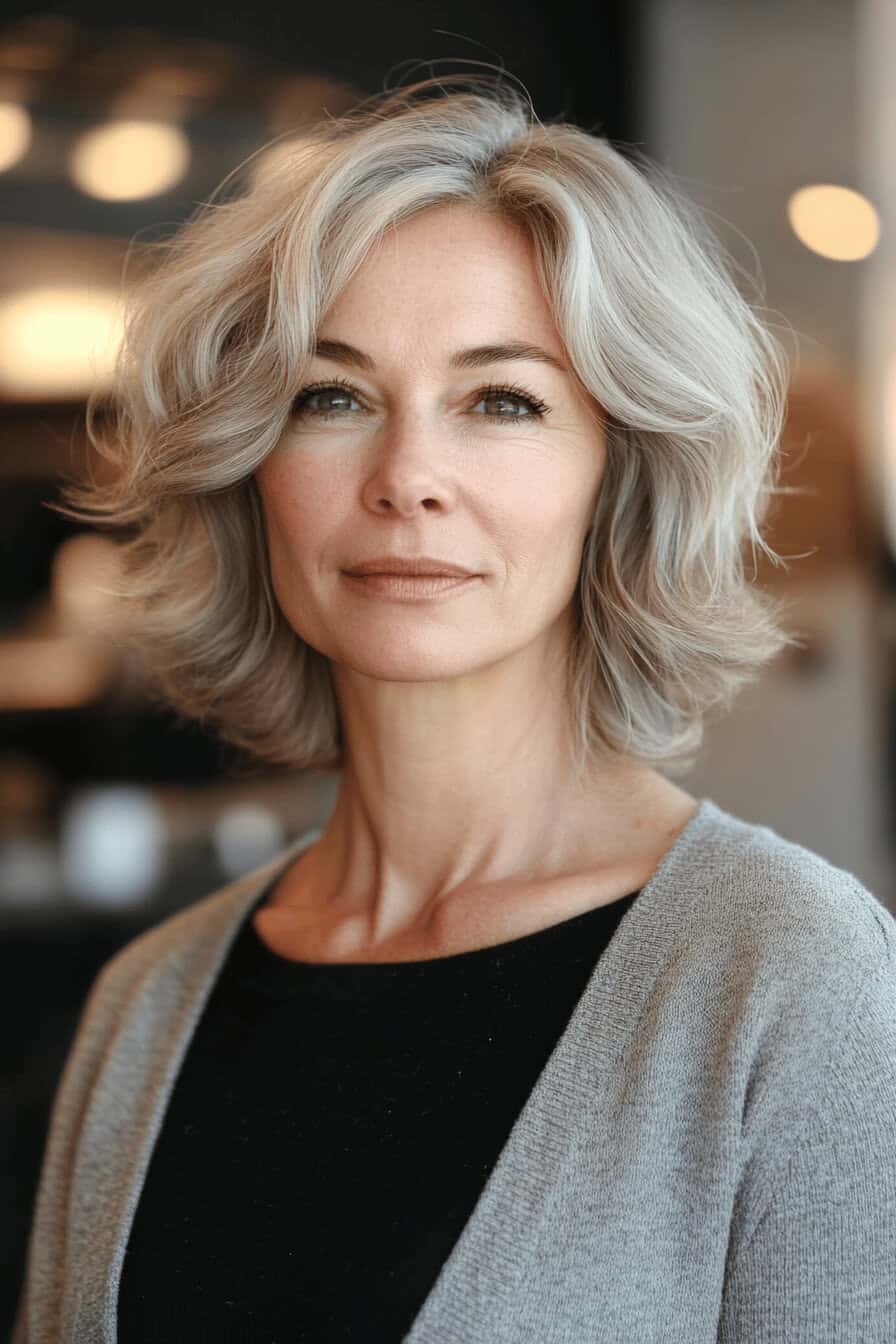 Ältere Frau mit grauem, welligem Bob-Haarschnitt im modernen Look.
