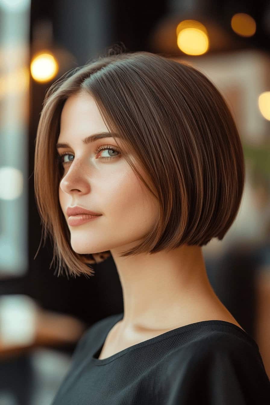 Frau mit kinnlangem Bob und Mittelscheitel.