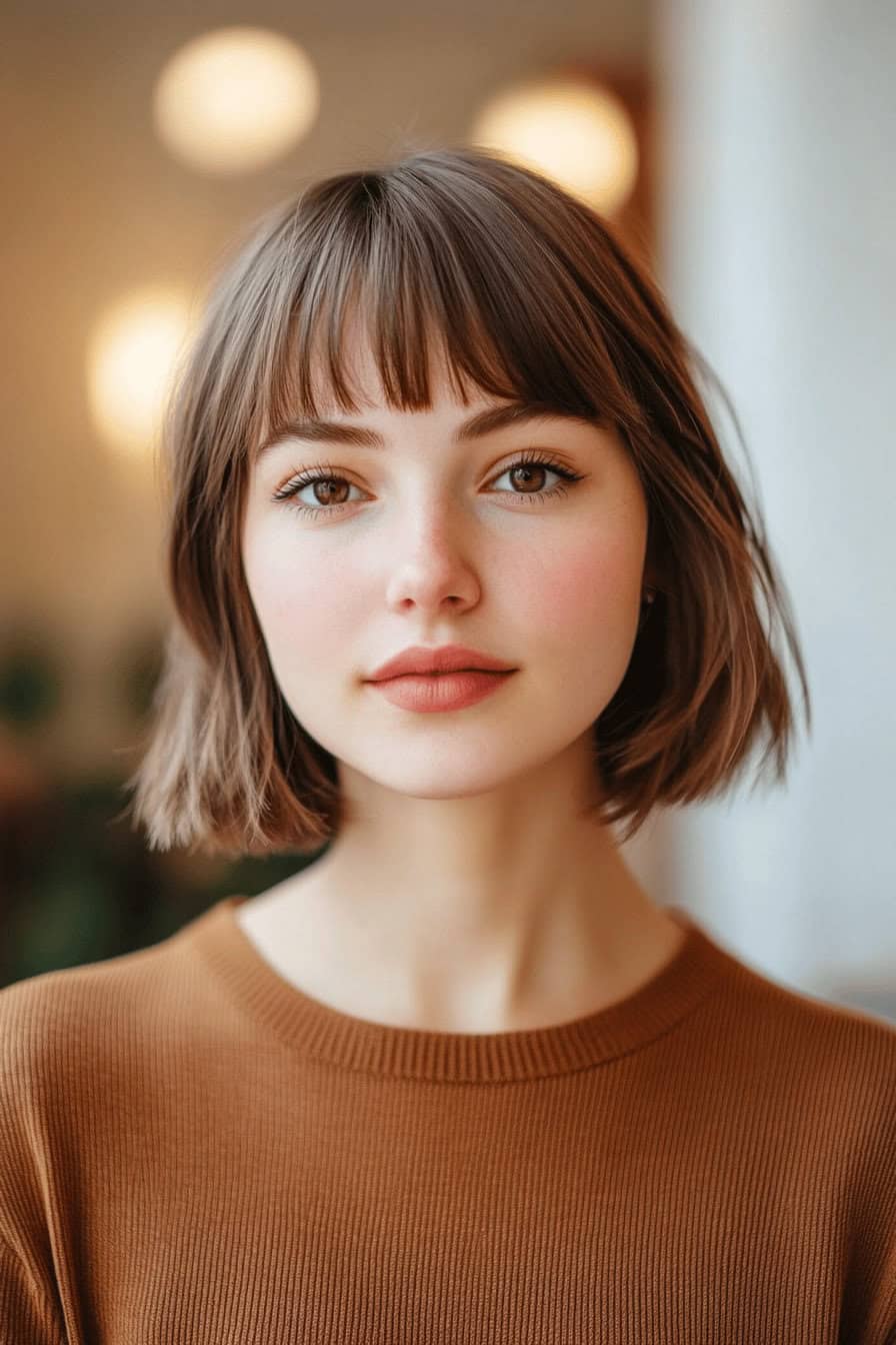 Frau mit Bob und Pony, der ihre Augen betont.