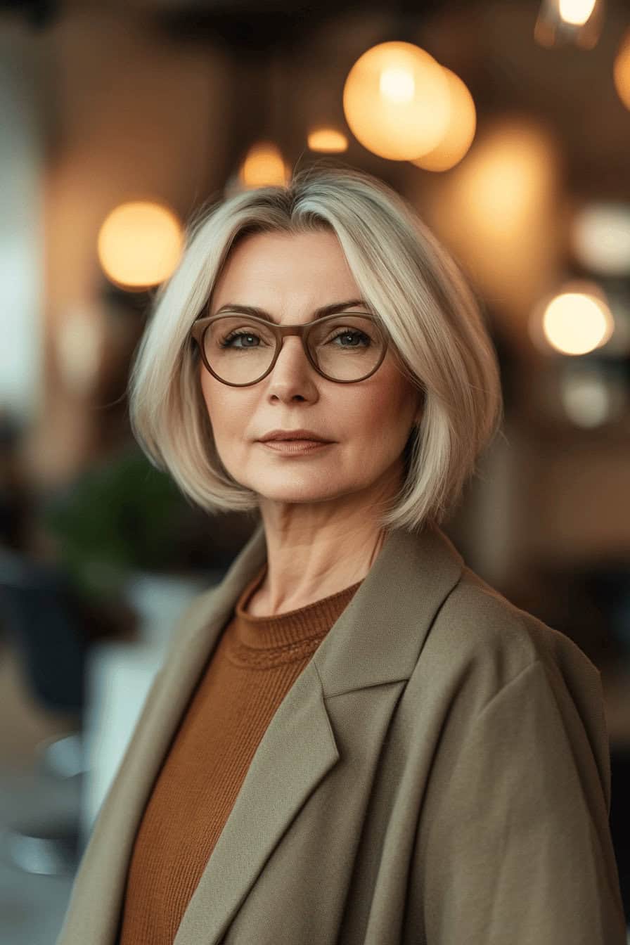 Frau über 50 mit Brille und Bobfrisur in moderner Umgebung.