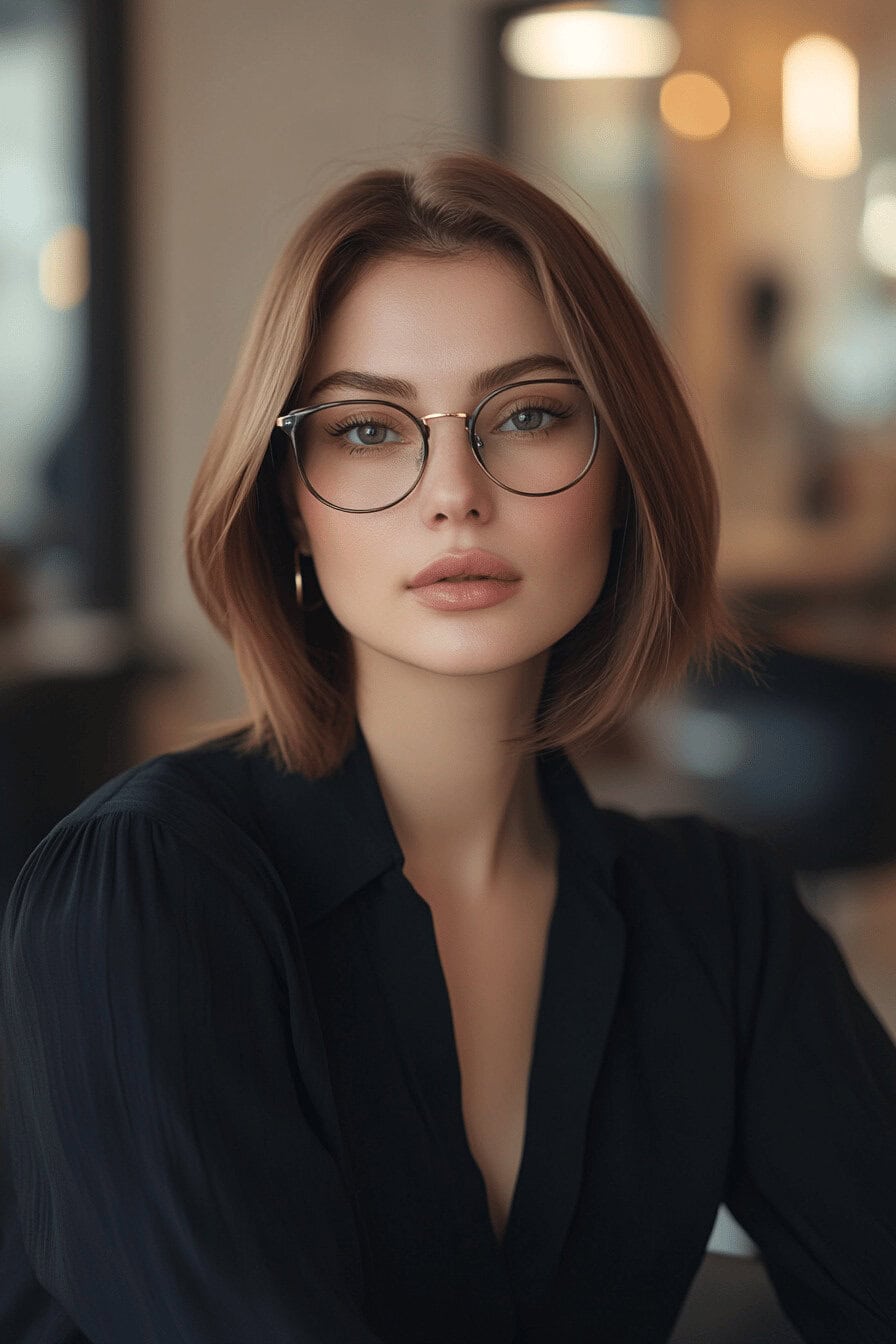 Frau mit stilvollem Bob und Brille in einem Café.