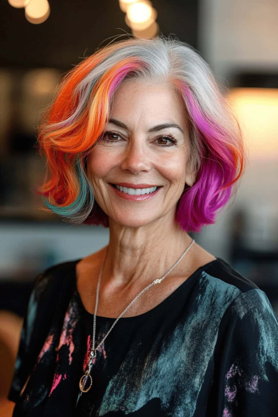 Ältere Frau mit buntem Bob und glücklichem Gesichtsausdruck.