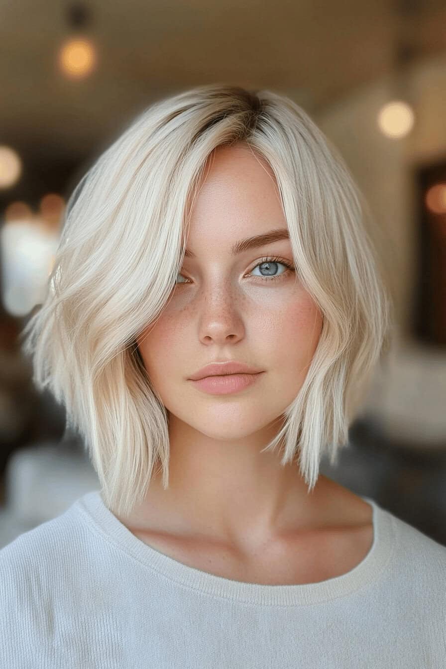 Blonde Frau mit choppy Bob-Frisur