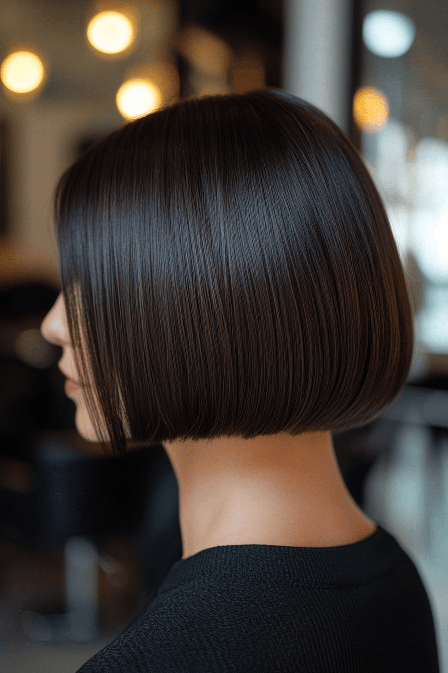 Frau mit glattem, dunklem Colorblock Bob und kurzem Nacken in einem Friseursalon.