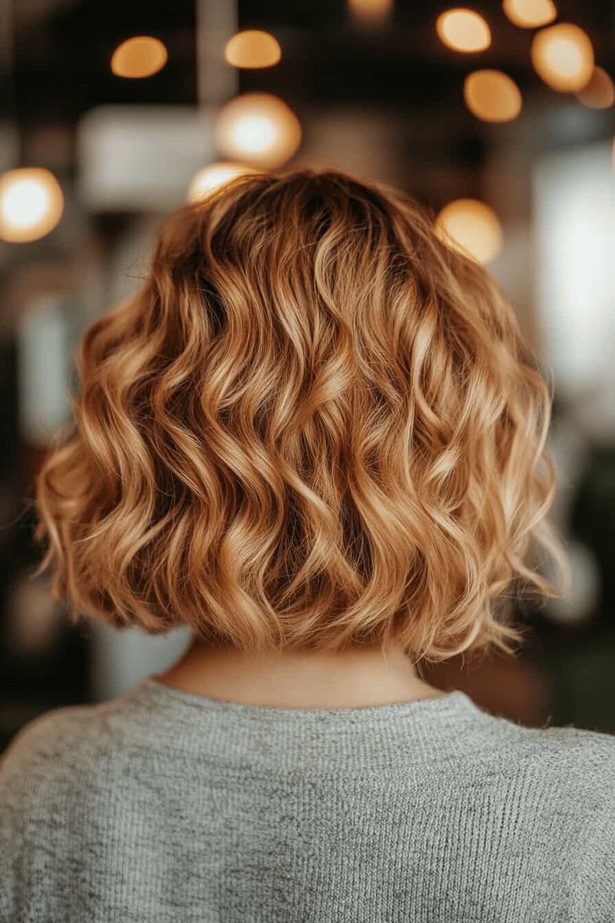 Blonder lockiger Bob in einem gemütlichen Café.