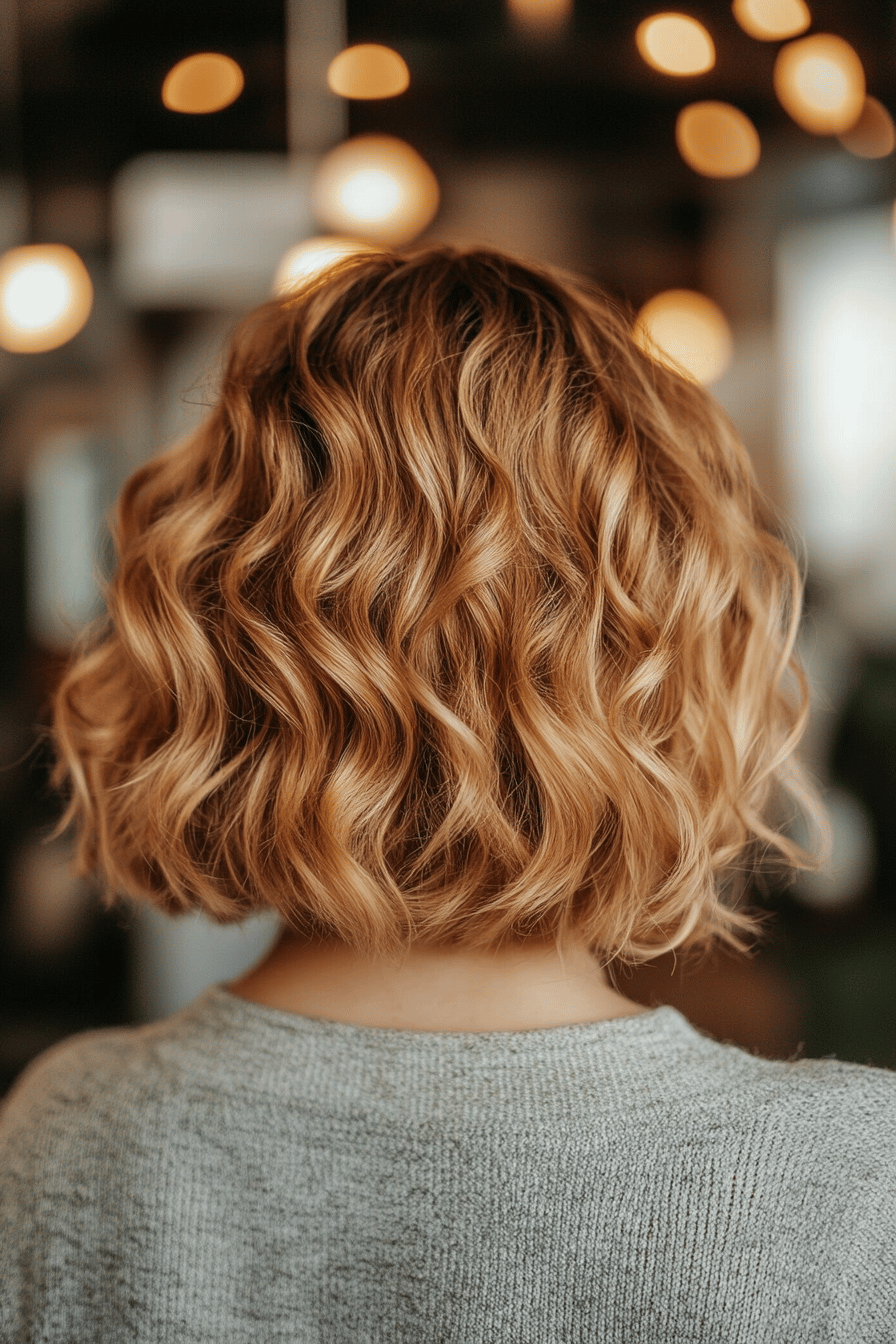 Blonder lockiger Bob in einem gemütlichen Café.