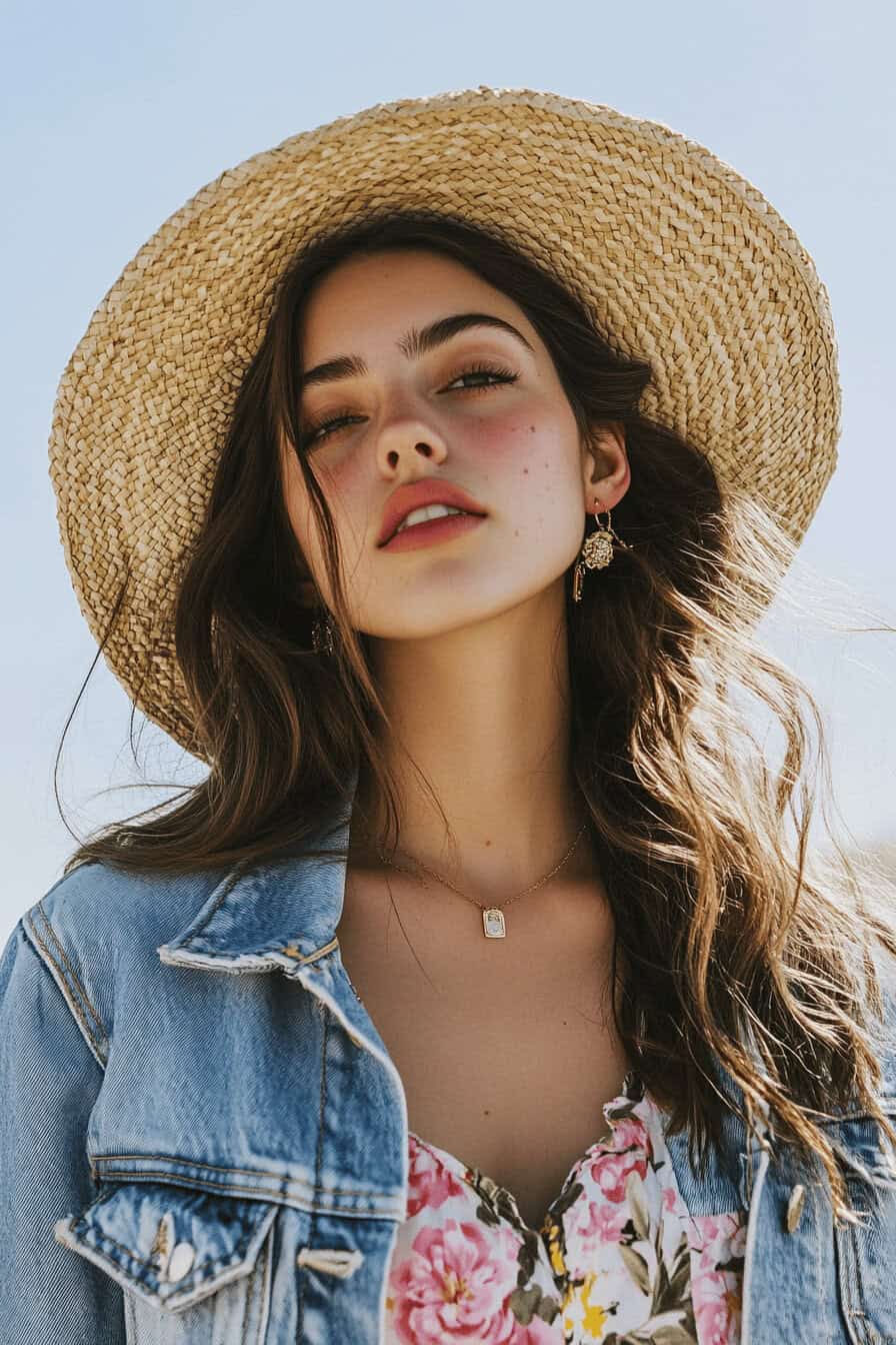 Frau mit Strohhut und Denimjacke im Frühlingsoutfit.