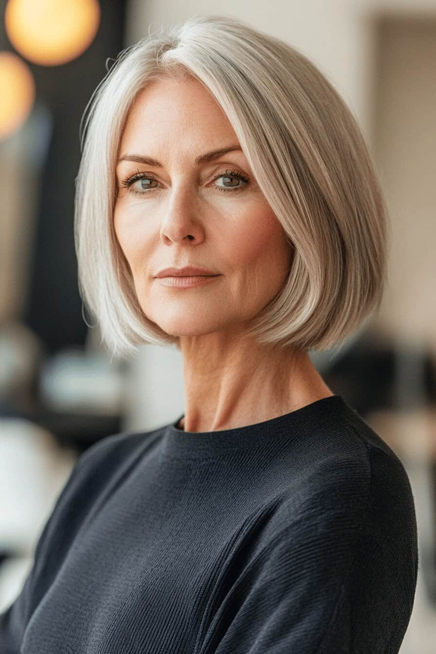 Ältere Frau mit elegantem eingerollten Bob-Haarschnitt.