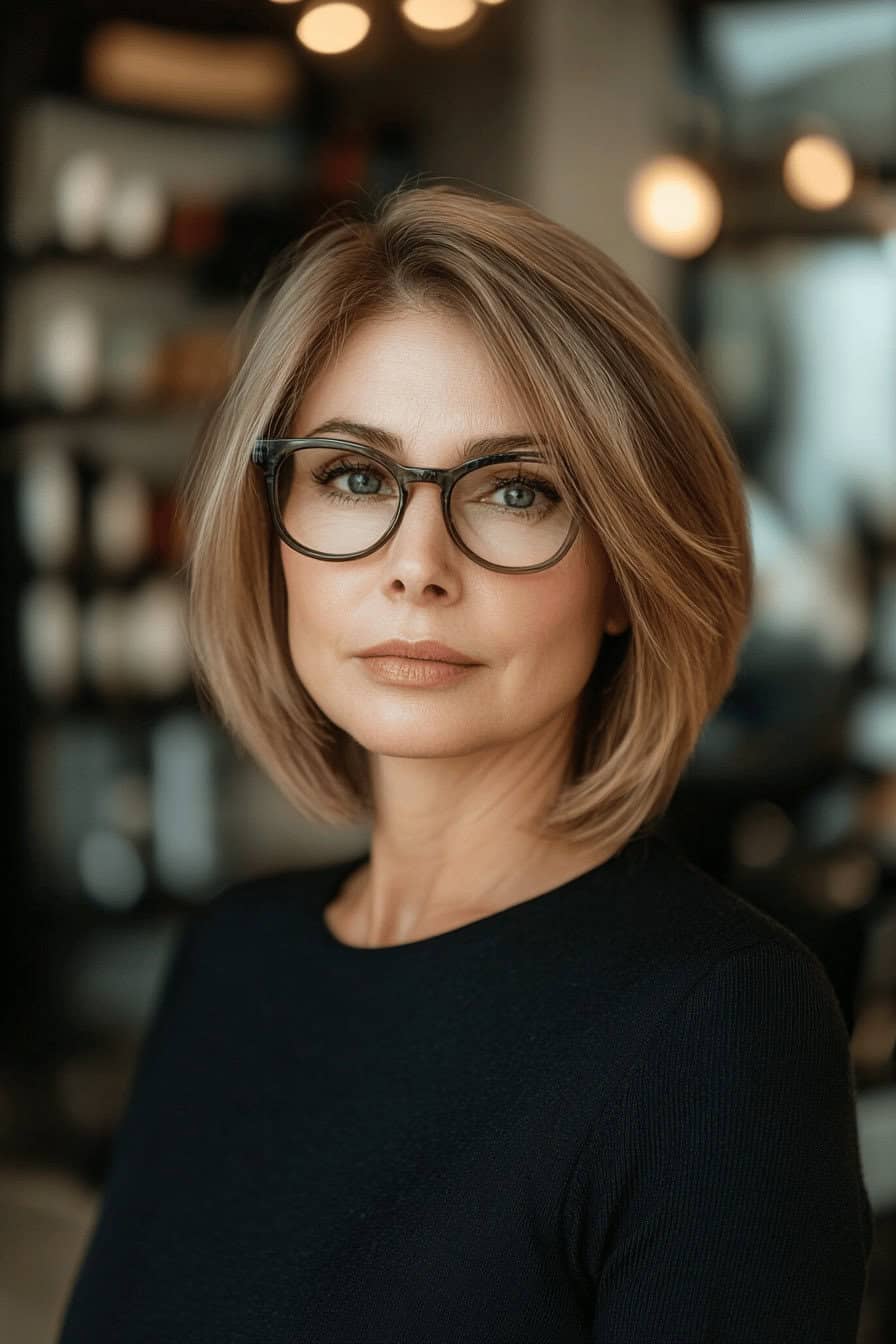 Frau mit Brille und stilvollem Bob-Haarschnitt.