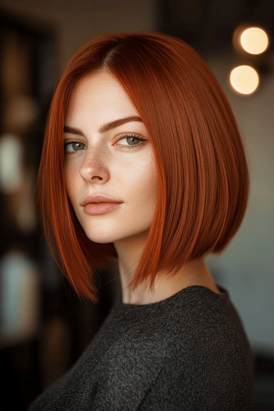 Frau mit einem eleganten, fuchsroten Bob-Haarschnitt.