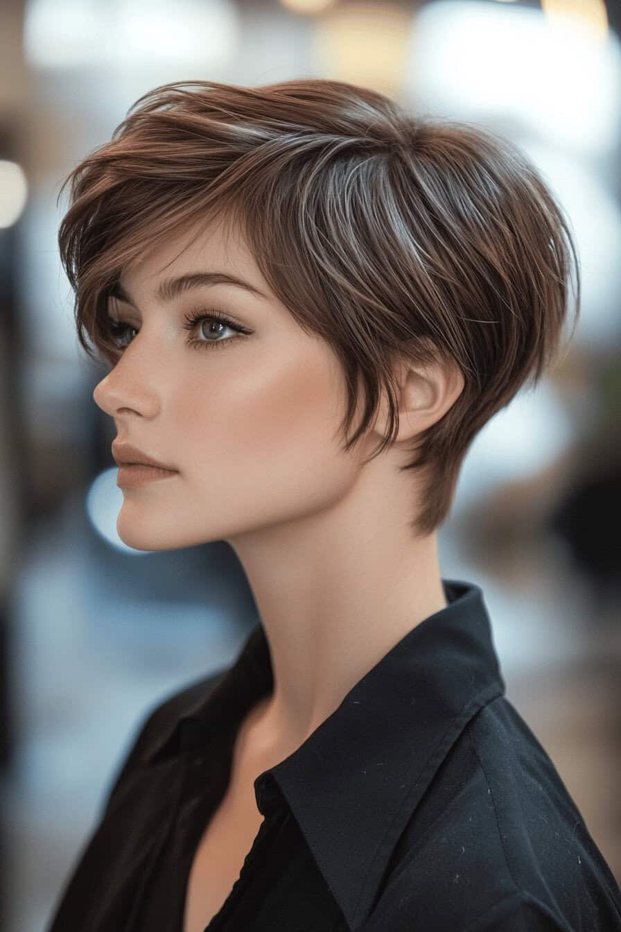 Frau mit glattem, kurzem Pixie-Bob in einem modernen Stil