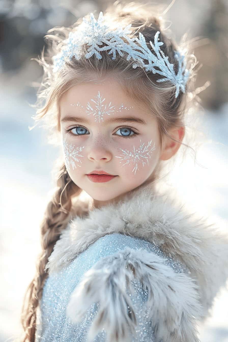 Ein Kind mit glitzerndem Elsa Schminkdesign und Eiskristallen im Haar.